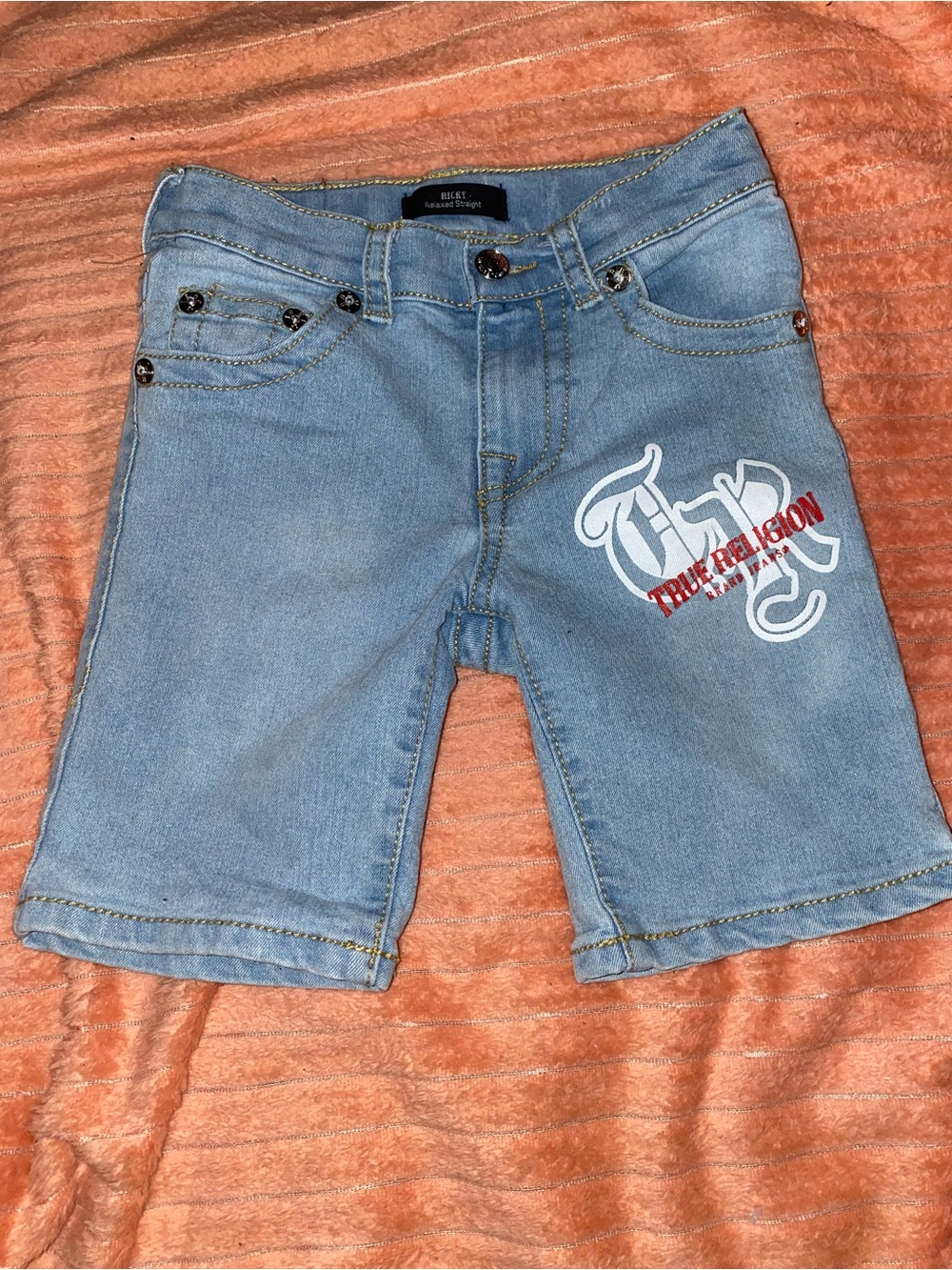 True Religion Light Blue Denim Logo Shorts